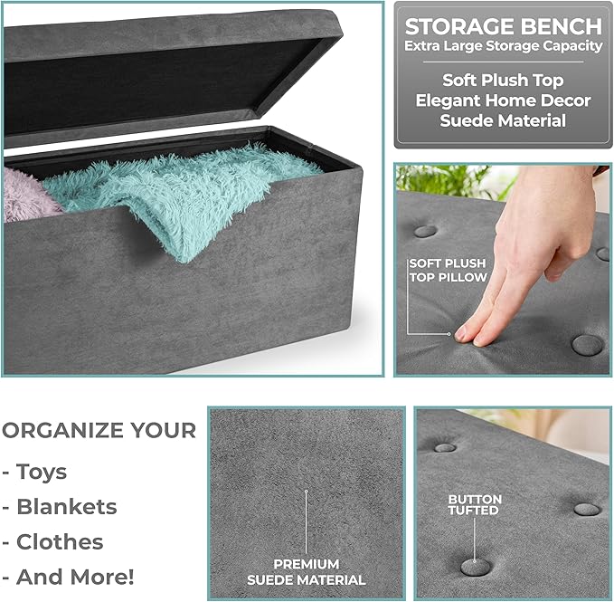 Sorbus Storage Ottoman Bench – Collapsible/Folding Bench Chest with Cover – Perfect Toy and Shoe Chest, Hope Chest, Pouffe Ottoman, Seat, Foot Rest, – Contemporary Faux Suede (Gray)-Ruum Studio Home