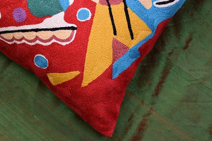 Kandinsky Modern Couch Pillow Cover - Red Painting | Abstract Toss Pillow | Modern Chair Cushion| Contemporary Pillow | Mid Century Chair Cushion | Hand Embroidered Pillow | Wool Size 18x18-Ruum Studio Home