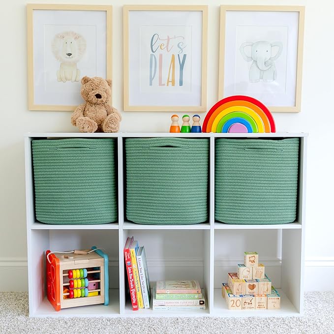 NaturalCozy 13 Inch Cube Storage Bins Cotton Rope Woven Baskets for Organizing 3-Pack | 13 x 13 Storage Cubes | Fabric Square Storage Baskets for Shelves Organizer, Kids Toy Bins, Closet Baby Nursery-Ruum Studio Home