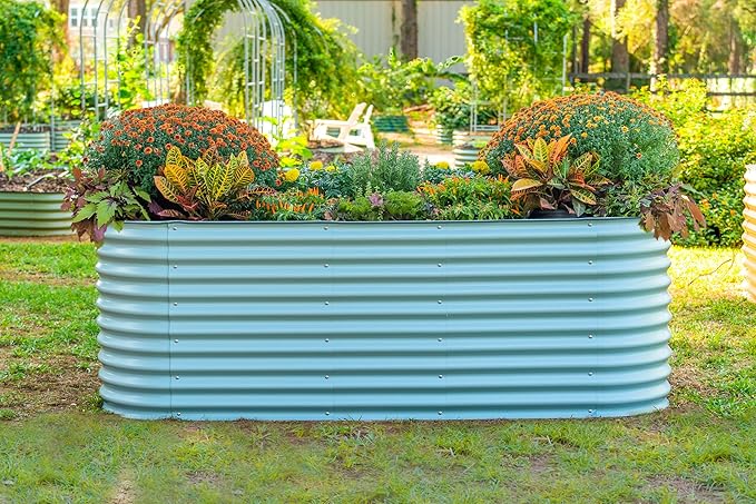 Vego garden 32" Extra Tall Raised Garden Bed Kits, 10 in 1 Modular Raised Planter Box for Vegetables Flowers Fruits Oval Metal Raised Garden Bed, Sky Blue-Ruum Studio Home
