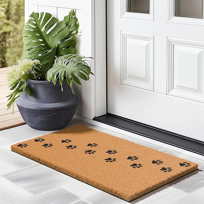 Barnyard Designs Natural Coco Coir Heavy Duty Backing Doormat - Large Cute Non-Slip Front Door Welcome Mat for Outside Entrance or Porch Entry, Brown (17x30, Paws)-Ruum Studio Home
