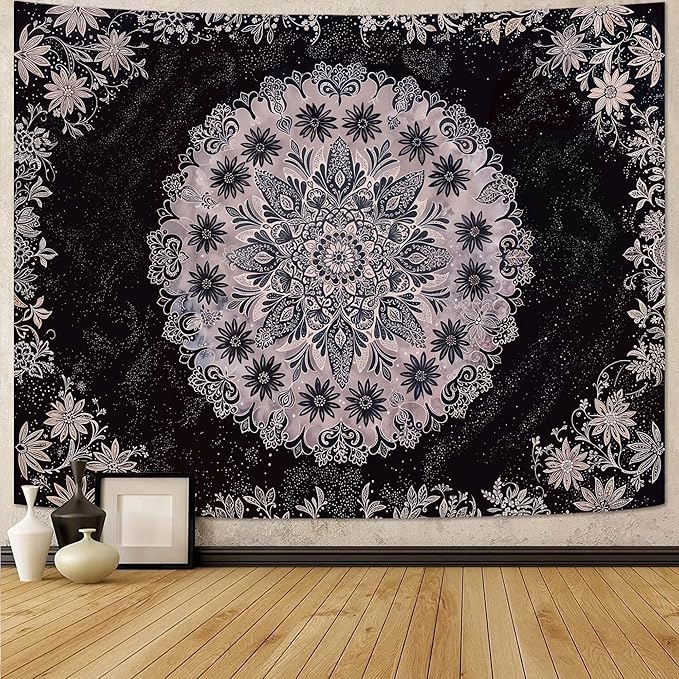 Fowocu Boho Floral Mandala Tapestry Wall Hanging Grey Bohemian Flower Medallion Tapestry Aesthetic Gray Black Hippie Indian Small Tapestries for Bedroom Living Room Dorm Decor 48 x 36 Inch-Ruum Studio Home