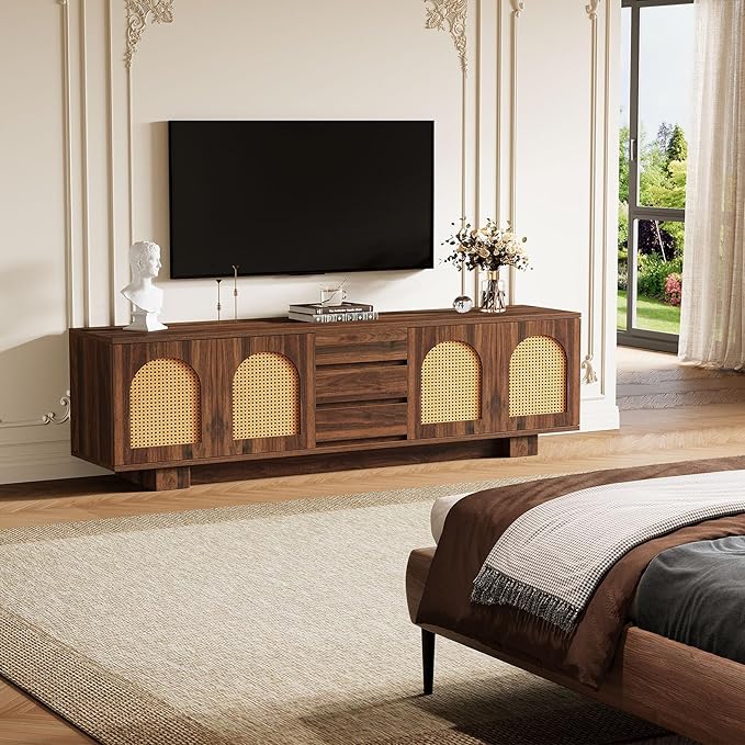 Tribesigns 70.9" TV Stand for TVs up to 80 Inches, Mid-Century Modern Entertainment Center with Storage and Drawers, Rattan Media Console TV Cabinet for Living Room, Bedroom, Walnut-Ruum Studio Home