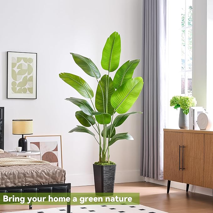 Lifelike Bird of Paradise Silk Artificial Plant Faux Banana Leaf Tree for Home Decor - Perfect Indoor Floor Plant with 11 Trunks (1, White Tall Planter, 6.6 FT)-Ruum Studio Home