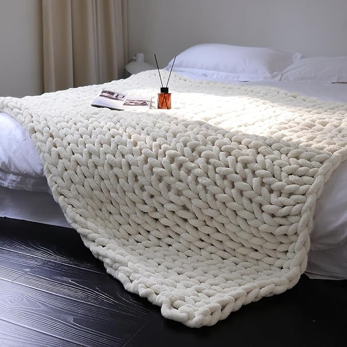 Maetoow Chenille Chunky Knit Blanket Throw （82×86 Inch）, Handmade Warm & Cozy Blanket Couch, Bed, Home Decor, Soft Breathable Fleece Banket, Christmas Thick and Giant Yarn Throws, Cream-Ruum Studio Home