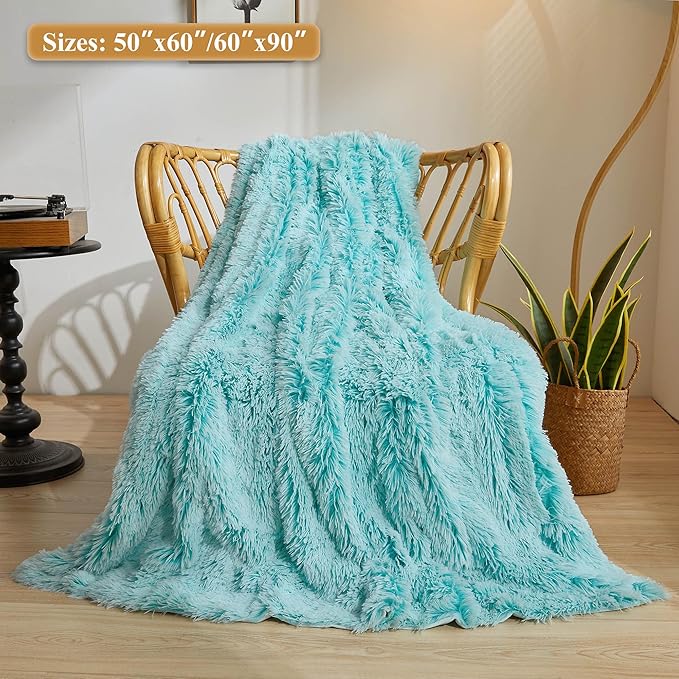 XeGe Luxury Faux Fur Blanket, Soft Big Fluffy Throw, Shaggy Plush Decorative Couch Blanket, Cute Furry Fuzzy Bed Throw for Bedroom Living Room, Ombre Aqua Green, 60x90-Ruum Studio Home