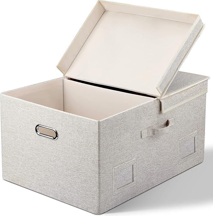 75 Quart Extra Large Decorative Collapsible Storage Bins with Lids, 1 Pack Beige Stackable Boxes-Ruum Studio Home