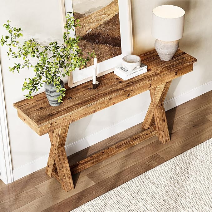 Solid Wood Console Table, 63-Inch Farmhouse Entryway Table with X-Shaped Legs, Real Wood Behind The Couch Table for Living Room, Entrance, Hallway, Easy Assembly-Ruum Studio Home