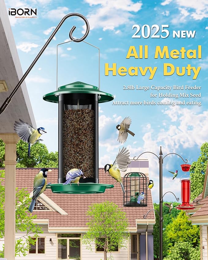 iBorn Bird Feeders for Outdoors, All Metal Mesh Tube, Holding Bird Seed for Outside Feeders,18cm Large Roof, Green, 2.8lb(Seed is not Included)-Ruum Studio Home