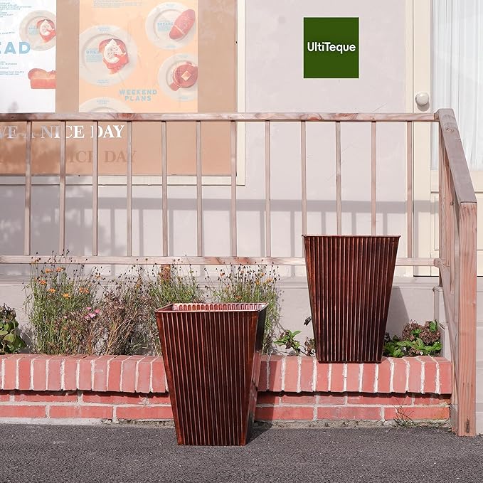 18in Vintage Handmade Metal Vertical Lines Copper Tapered Planters Set of 2, Galvanized Steel Planter Box with Drainage Hole for Indoor/Outdoor/Porch/Garden-Ruum Studio Home