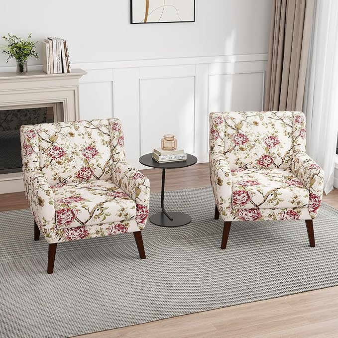 UIXE Floral Accent Chair, Modern Upholstered Armchair in Fabric for Living Room, Comfy Club Arm Chairs Single Sofa Button Tufted Bedroom Reading Seat - Pattern Floral, Set of 2-Ruum Studio Home