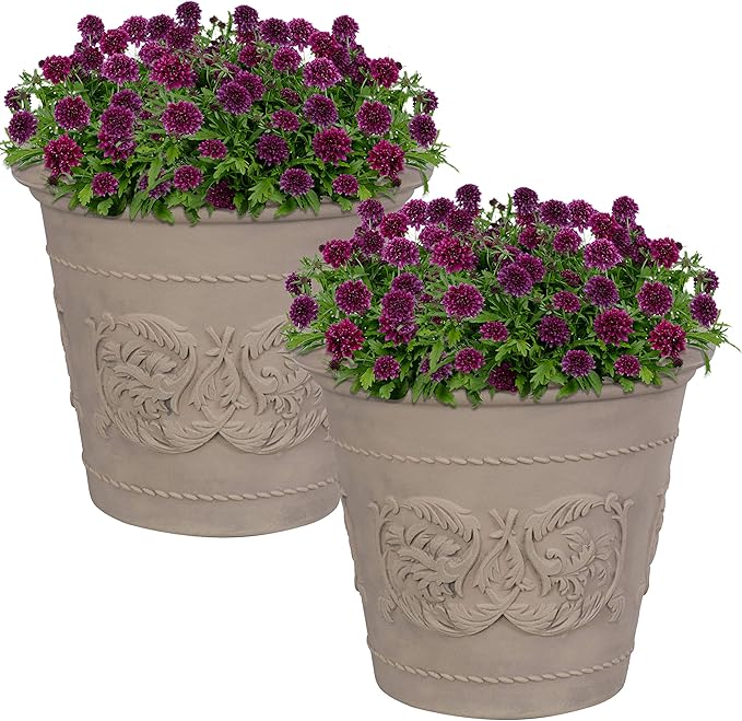 Sunnydaze 19.5-Inch Arabella Large Plant Pot - Polyresin Round Outdoor Planter with Drillable Drainage Holes - 2 Pack - Beige-Ruum Studio Home