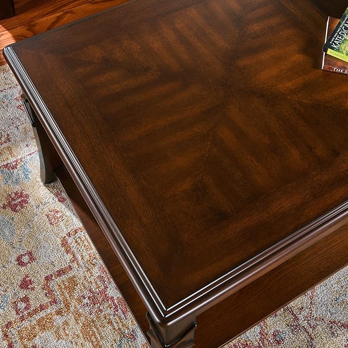 Solid Wood Coffee Table with Storage Shelf, Mid-Century Living Room Tables with Carved Tabletop and Leg, 43.3” Splicing Cocktail Center Sofa Table, Cherry Brown KFZ-DR200-Ruum Studio Home