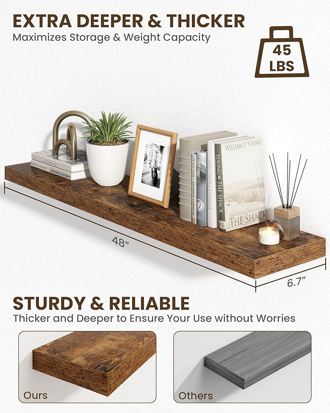 Marsmiles 48" Floating Shelves for Wall, Wooden Shelves with Invisible Brackets Set of 2, Rustic Farmhouse Wall Mounted Shelf for Kitchen Bathroom Living Room Study, Rustic Brown-Ruum Studio Home