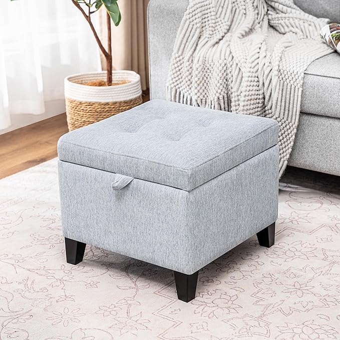 Adeco 18 Inch High Cube Ottoman Storage, Linen Chair Foot Stools, Upholstered Vanity Stool with Hinged Lid, Solid Wood Legs-Ruum Studio Home