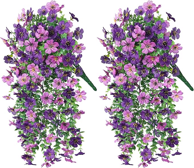 Artificial Faux Hanging Flowers Plants for Spring Outdoor Outside Decoration, 2 PCS Fake Silk Daisy with Eucalyptus UV Resistant Realistic Trailing Vines for Balcony Patio Porch (Darkpurple+Purple)-Ruum Studio Home