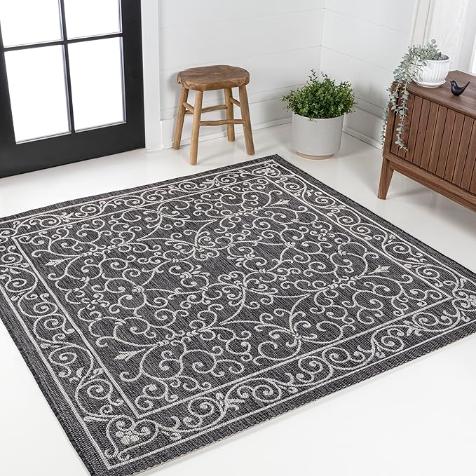 JONATHAN Y Vintage Filigree Indoor Outdoor Square Area Rug 9X9 Black/Gray, Charleston Textured Weave for Backyard, Patio, Porch, Easy-Cleaning, High Traffic, Pet-Friendly, Non-Shedding (SMB106G-9SQ)-Ruum Studio Home