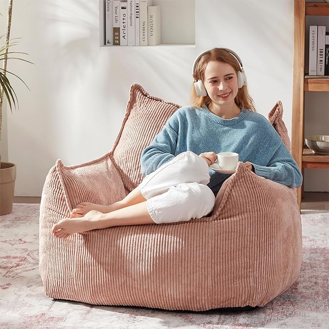 Giant Bean Bag Chair Sofa for Adults Teens, Comfy Corduroy Large Bean Bag Chairs with Armrests for Bedroom Living Room, Adult BeanBag Lazy Sofa Couch Chairs with Filler Included-Ruum Studio Home