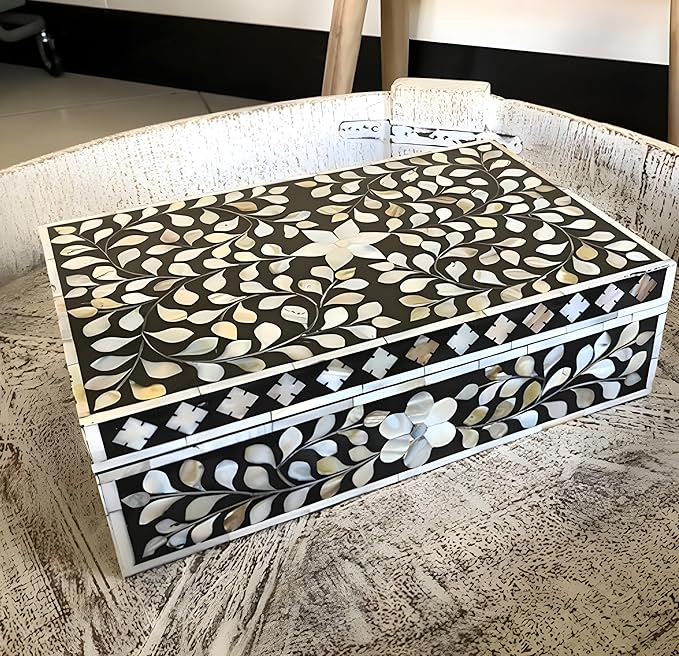 Decorative Wooden Storage Box with Mother of Pearl Inlay – Elegant Floral Design – Perfect for Home Décor in Living Room, Dining Area, or Bedroom (Black, 12x8x5 inches)-Ruum Studio Home