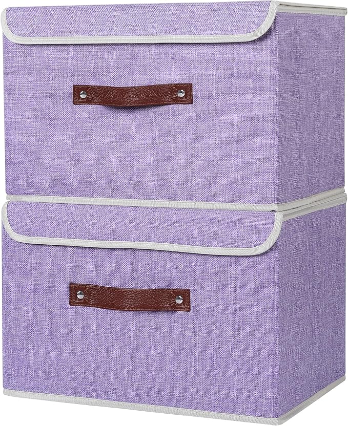 ANMINY 2PCS Storage Bins with Lid PU Leather Handles Storage Boxes PP Plastic Board Decorative Foldable Lidded Cotton Linen Fabric Home Cubes Baskets Closet Organizer Containers - Purple, Large Size-Ruum Studio Home