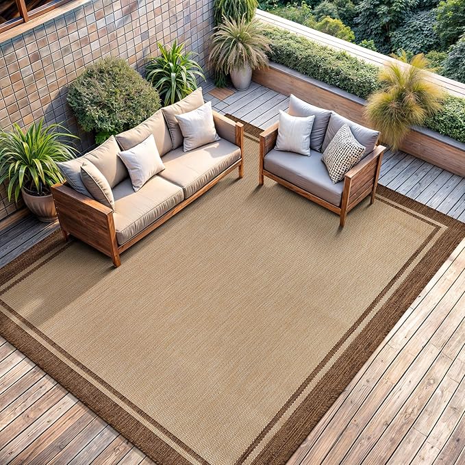 CAMILSON Indoor Outdoor Rug, 10x14 Bordered Natural Brown Modern Large Area Rugs for Indoor and Outdoor Patios, Kitchen and Hallway Mats, Washable Porch Deck Outside Carpet (Jute, 10 x 14)-Ruum Studio Home