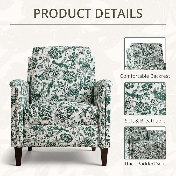 Floral Accent Chair, High Back Upholstered Armchair with Solid Wooden Legs, Padded Armrest and Removable Comfortable Cushioned Seat Single Sofa for Living Room, Bedroom, Green-Ruum Studio Home