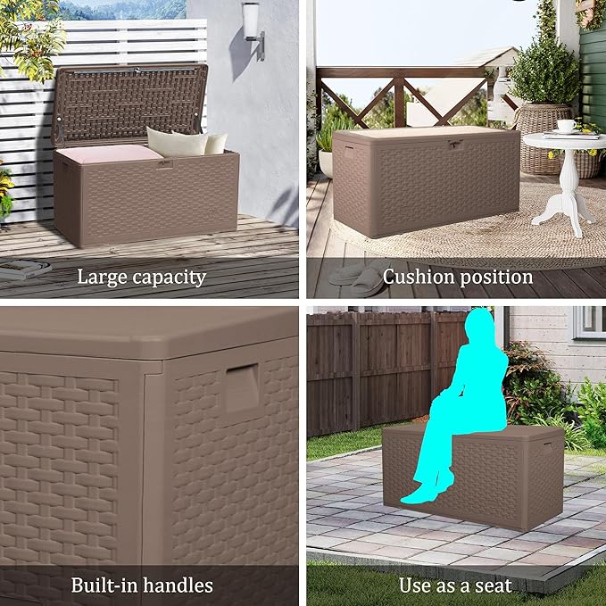 Premium Pro Edition 73 Gallon Lockable Resin Deck Box, Waterproof & UV-Resistant Outdoor Storage Box for Outdoor Cushion Storage, Garden Tools & Pool Accessories Storage, Brown-Ruum Studio Home