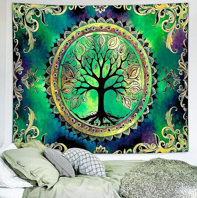 Delur Tree of Life Tapestry Green Nature Bohemian Mandala Spiritual Tapestry Wall Hanging Mystical Landscape Hippie Psychedelic Headboard for Bedroom Living Room Home Decor (59.1" x 78.7")-Ruum Studio Home