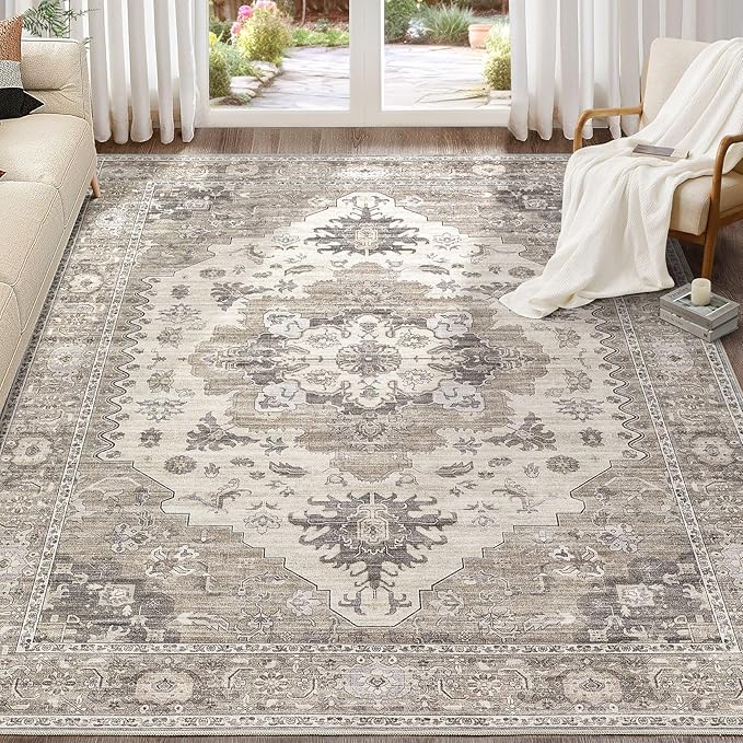 Washable Area Rugs for Living Room - 7x9 Neutral Vintage Distressed Floral Farmhouse Boho Large Soft Floor Rug Indoor Non Slip Carpet for Living Room Bedroom Dining Room Office -Brown/Beige-Ruum Studio Home