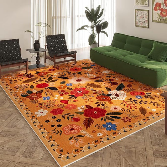 Area Rugs 8x10 Rug for Living Room Clearance Washable Boho Area Rug Non Slip Floral Vintage Low Pile Large Rug for Living Room, Bedroom, Farmhouse, Dining Room, Kids Playroom(Yellow)-Ruum Studio Home