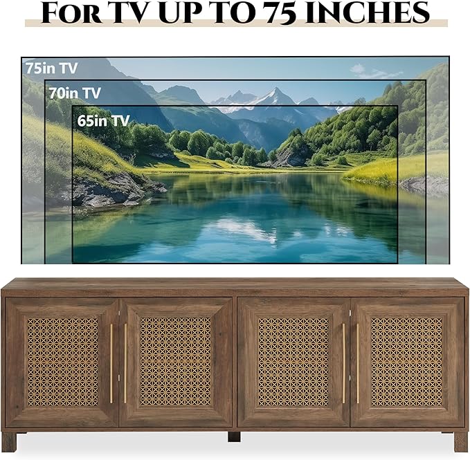 JYED Mid Century Modern TV Stand for TVs up to 75 Inch, with Hollow Metal Mesh Decorated，Boho TV Console with Storage Cabinet,Cable Holes, TV Stand for Living Room, 69.5"x15.6"x24.8", Rustic-Ruum Studio Home