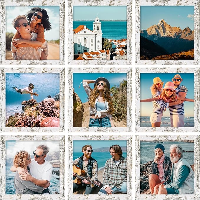 Vittanly 8x8 Picture Frames Set of 9, Shatter Resistant Plexiglass, Display 4x4 Pictures with Mat or 8x8 without Mat, Photo Frames for Wall Mount, Engineered Wood, Distressed White-Ruum Studio Home