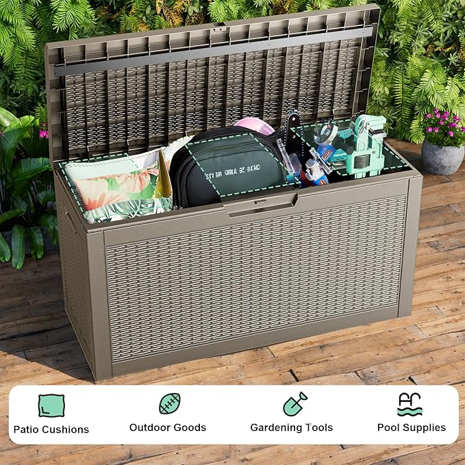 DRATO 60 Gallon Deck Box, Waterproof Resin Large Outdoor Storgae Box for Patio Furniture, Patio Cushions, Gardening Tools, Pool and Sports Supplies, Lockable-Ruum Studio Home