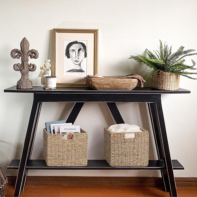12x12x10in Seagrass Storage Baskets Set of 4, Large Wicker Storage Basket, Decorative Seagrass Shelf Basket, Pantry Baskets Organization,Folding Storage Cube Bins-Ruum Studio Home