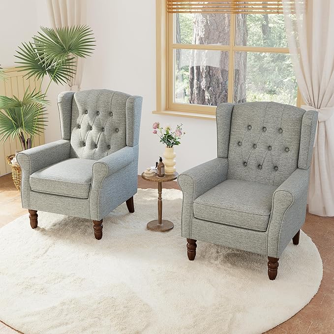Lumibee High Back Accent Chair Set of 2,Upholstered Wingback Armchair with Solid Wood Legs for Small Spaces,Comfy Single Sofa Chair for Living Room,Bedroom,Office-Light Gray-Ruum Studio Home