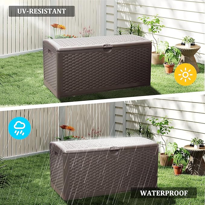 80 Plus Gallon Outdoor Storage Box, Waterproof Resin Deck Box Outdoor Storage Bin for Patio, Poolside, and Garden, Lockable & UV-Resistant, Ideal for Small Spaces, Brown-Ruum Studio Home