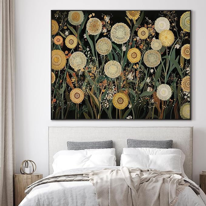 SIGNWIN 46"x60" Extra Large Framed Wall Art Whimsical Dandelion Field in Yellow and Green, Playful Botanical Print for Home Living Room Bedroom Decor (Frame Assembly Required)-Ruum Studio Home