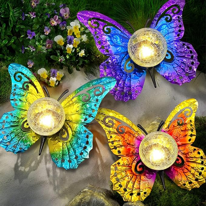 Solar Lights Outdoor Garden Butterfly Decor, Metal Butterfly Statue Decoration with LED Crackle Glass Globe, Solar Powered Lighted Garden Art Decor for Patio Lawn Yard Pathway Tabletop Ground-Ruum Studio Home
