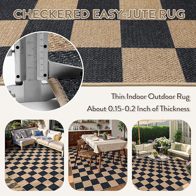 Lahome Checkered Easy Jute Carpet, Washable Area Rug 6x9 Neutral Outdoor Patio Rug, Farmhouse Checkerboard Non Slip Non Shedding Floor Carpet for Dining Living Room Deck Sunroom-Ruum Studio Home