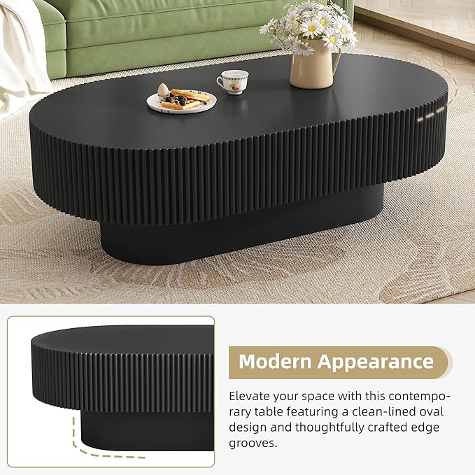 43.3" Oval Fluted Coffee Table Modern Elegant Drum End Table, Minimalist Center Table 7.8" Thick Tabletop with Sturdy Base for Living Room, Bedroom, Apartment,Easy Assembly, Black-Ruum Studio Home