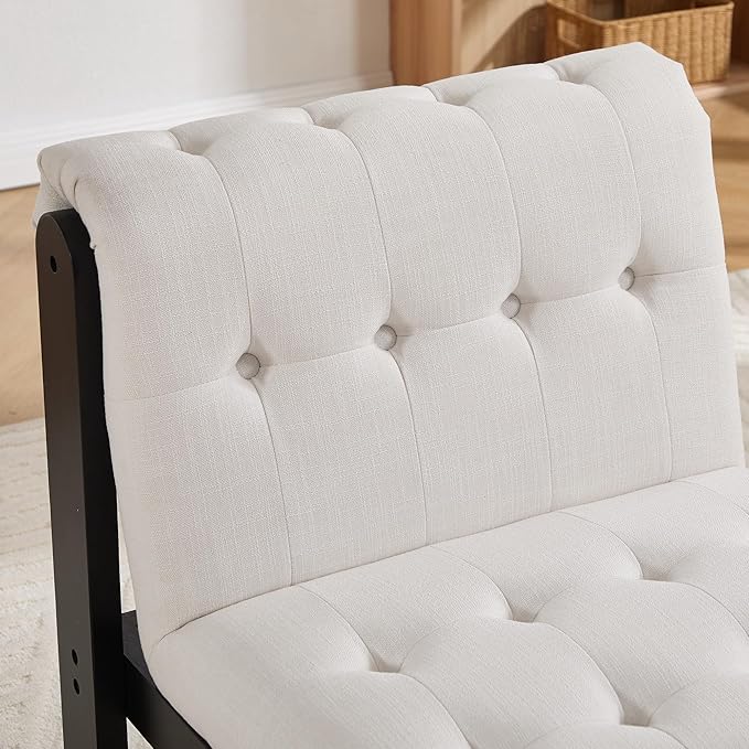 Modern Armless Accent Chair for Living Room, Beige Chenille Button Tufted Upholstered Lounge Reading Chair with Black Wood Frame-Ruum Studio Home