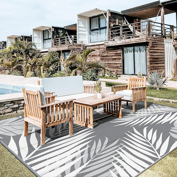 GENIMO Outdoor Rug 10' x 10' Waterproof for Patios Clearance, Reversible Outdoor Plastic Straw Camping Rug Carpet, Large Area Rugs Mats for RV, Camper, Deck, Balcony, Porch, Beach, Picnic, Grey&White-Ruum Studio Home