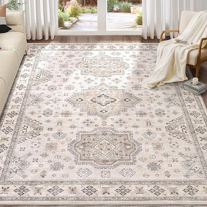 Washable Area Rugs for Living Room -10x14 Neutral Vintage Distressed Floral Farmhouse Boho Large Soft Floor Rug Indoor Non Slip Carpet for Living Room Bedroom Dining Room Office-Beige Brown-Ruum Studio Home