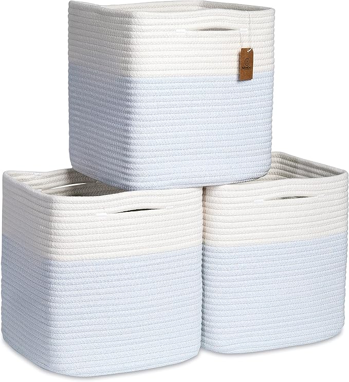 NaturalCozy Storage Cubes 11 Inch Cotton Rope Woven Baskets for Organizing, 3-Pack | Cube Storage Bin | Square Storage Baskets for Shelves Organizer, Classroom, Kids Toy Bins, Closet, Baby Nursery-Ruum Studio Home