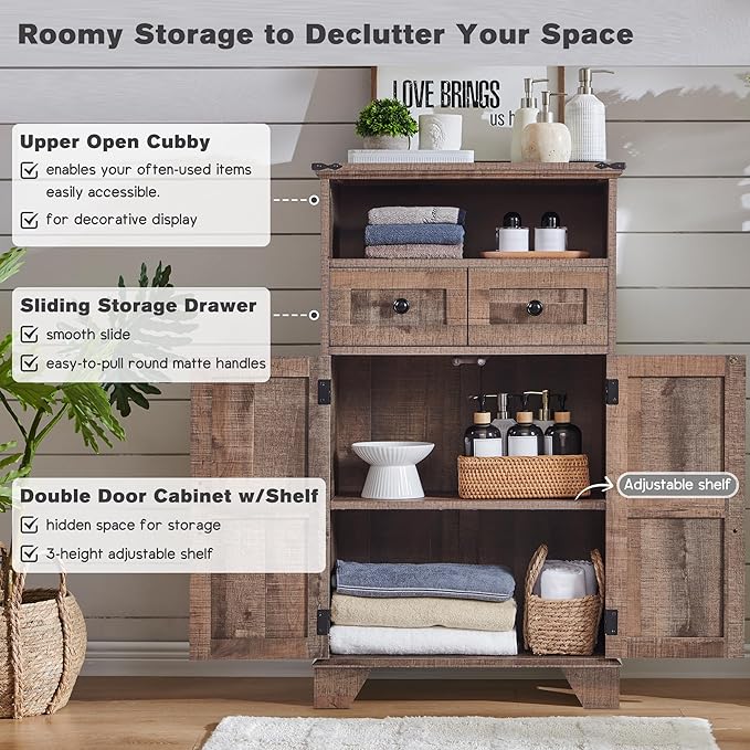Bathroom Floor Cabinet, Farmhouse 24" Wide Cabinet with Drawer, Adjustable Shelf, Barn Doors, Cabinets for Bathroom, Kitchen, Living Room, Rustic Brown-Ruum Studio Home