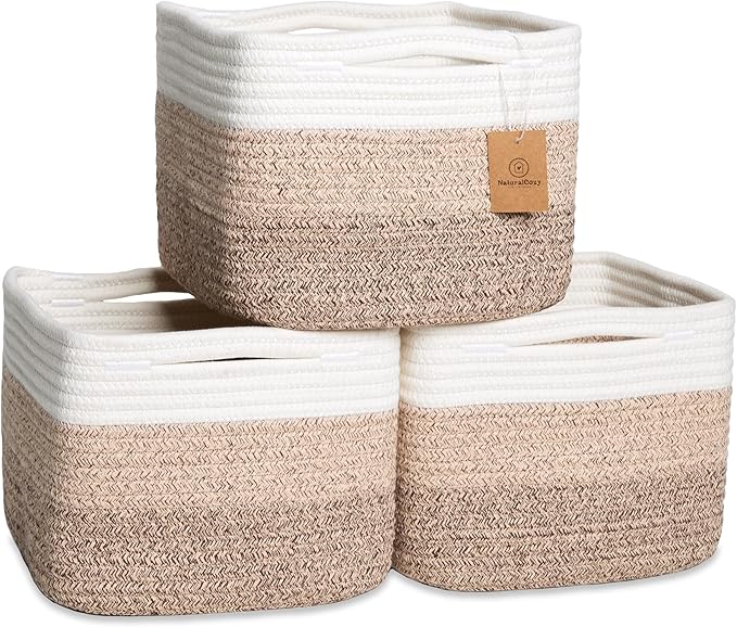 NaturalCozy Storage Cubes 9”x9”x7”Cotton Rope Woven Baskets for Organizing 3-Pack | 9 Inch Cube Storage Bin | Small Basket for Shelf Nursery, Pantry, Decorative Plant, Bathroom Closet, Toy Gift-Ruum Studio Home