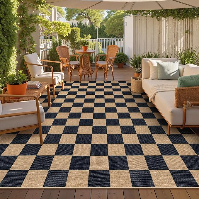 Lahome Checkered Easy Jute 8x10 Rug, Washable Rugs for Living Room Office, Farmhouse Neutral Non Slip Non Shedding Stain Resistance Indoor Outdoor Carpet for Balcony Patio Classroom-Ruum Studio Home