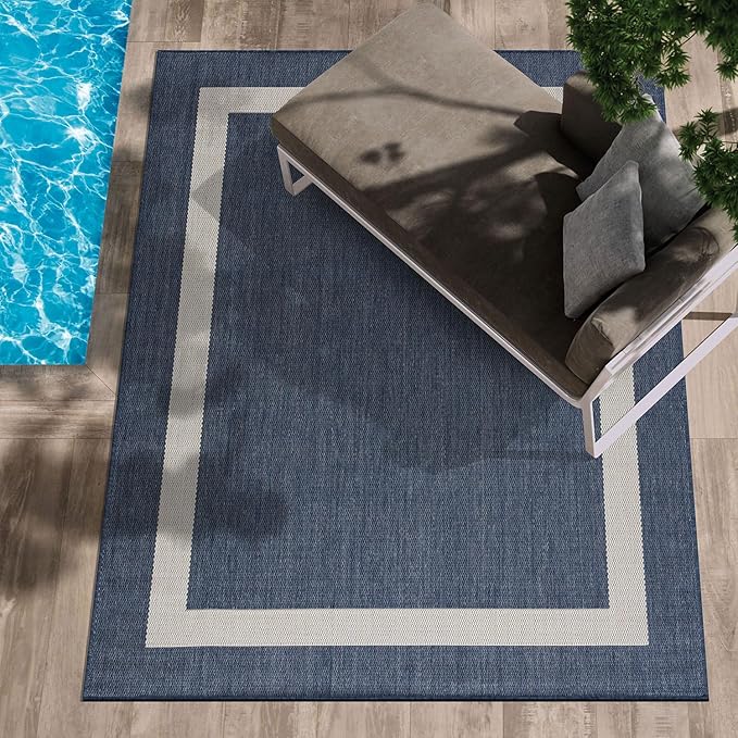 CAMILSON Outdoor Rug 10x14, Large Modern Outside Rugs for Patios Porches Waterproof Durable Washable Non-Shedding, Easy-to-Clean Indoor Outdoor Area Carpet (10 x 14, Bordered - Blue/White)-Ruum Studio Home