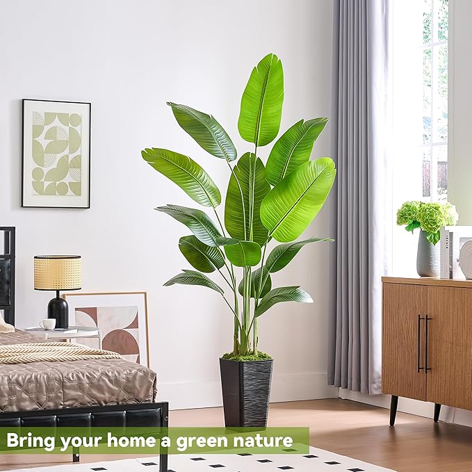 Fake Bird of Paradise Silk Artificial Plant Faux Banana Leaf Tree Lifelike Bird of Paradise for Home Decor Indoor Floor Plant with 10 Trunks (1, White Tall Planter, 6 FT)-Ruum Studio Home