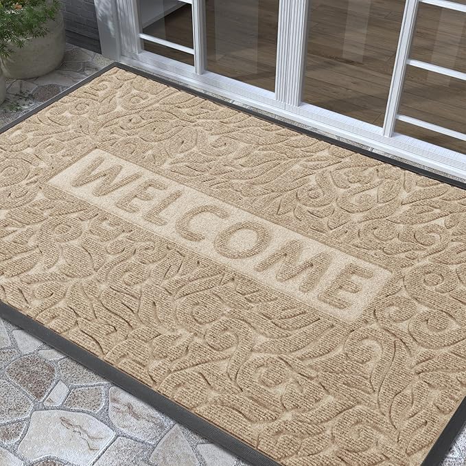 Yimobra Welcome Front Door Mat Outdoor, Heavy Duty Sturdy Non Slip Doormats, Rubber Backing, Low-Profile Entrance Rugs, Absorbent Resist Dirt, Easy Clean Patio Garage Floor Mats, 60X36 Inch, Beige-Ruum Studio Home